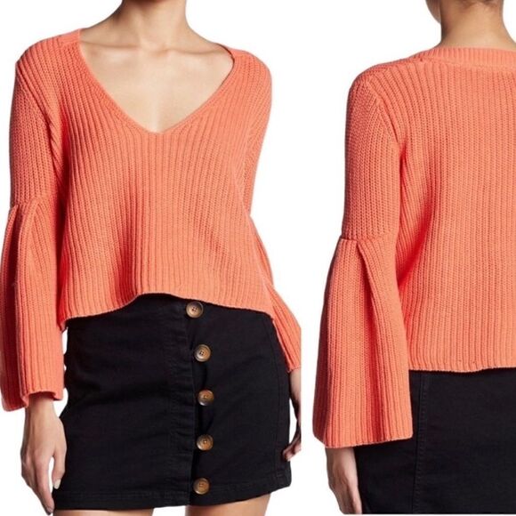 Free People Damsel Sweater Coral V Neck Bell Sleeves Cotton Ribbed Chunky Knit - Picture 12 of 12